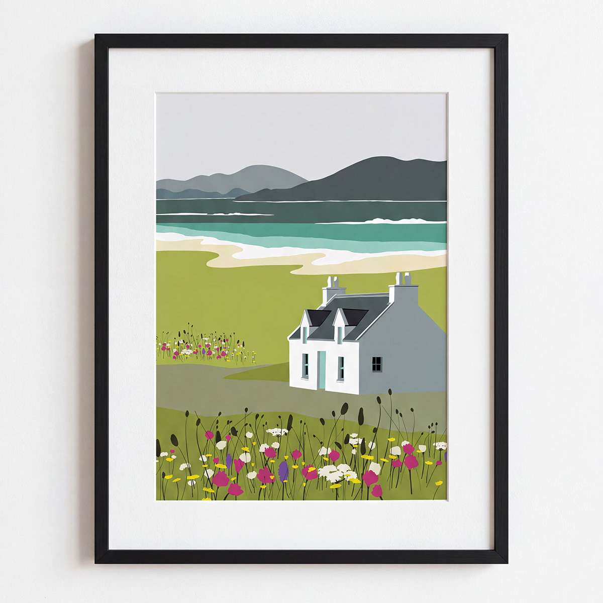 Art print of a croft house above the machair at Horgabost Beach, Isle of Harris